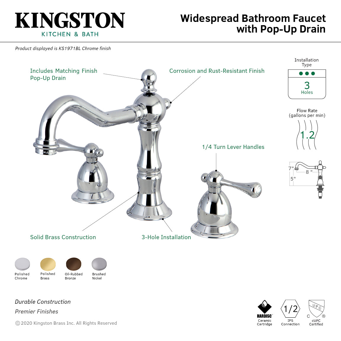 Kingston Heirloom KS1971BL - Heritage Two-Handle 3-Hole Deck Mount Widespread Bathroom Faucet with Brass Pop-Up, Polished Chrome — thumbnail 3